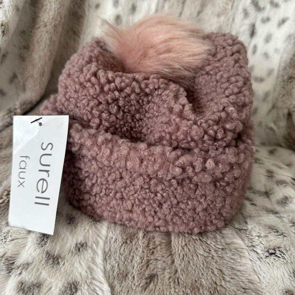 SURELL Faux Sherpa Cuff Hat With Matching Pom blush pink